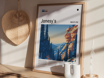 Jonesy's, Park City, Utah Poster | Ski Lodge Decor Mountain Wall Art — styled in a modern interior