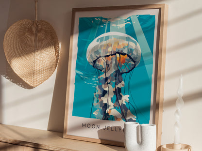 Moon Jellyfish Poster | Ethereal Ocean Drifters Wildlife Wall Art — styled in a modern interior