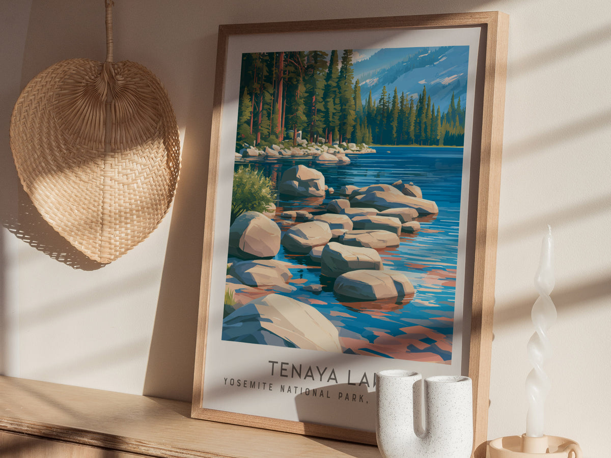 Tenaya Lake Matte Border Poster | Yosemite National Park, California Destination Print — styled in a modern interior