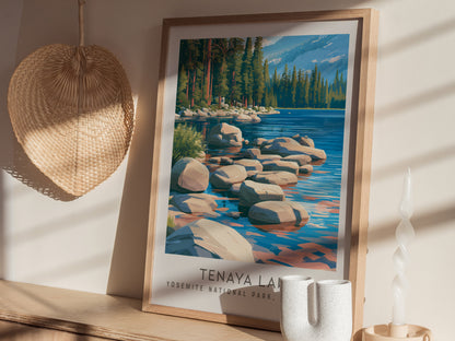 Tenaya Lake Matte Border Poster | Yosemite National Park, California Destination Print — styled in a modern interior