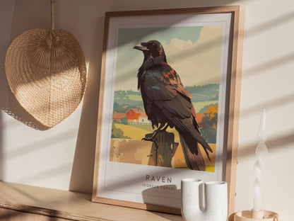 A framed illustration of a raven perched on a wooden post, set against a backdrop of rolling hills and a colorful landscape. The artwork features a modern design with a blend of earthy tones and a clear blue sky.