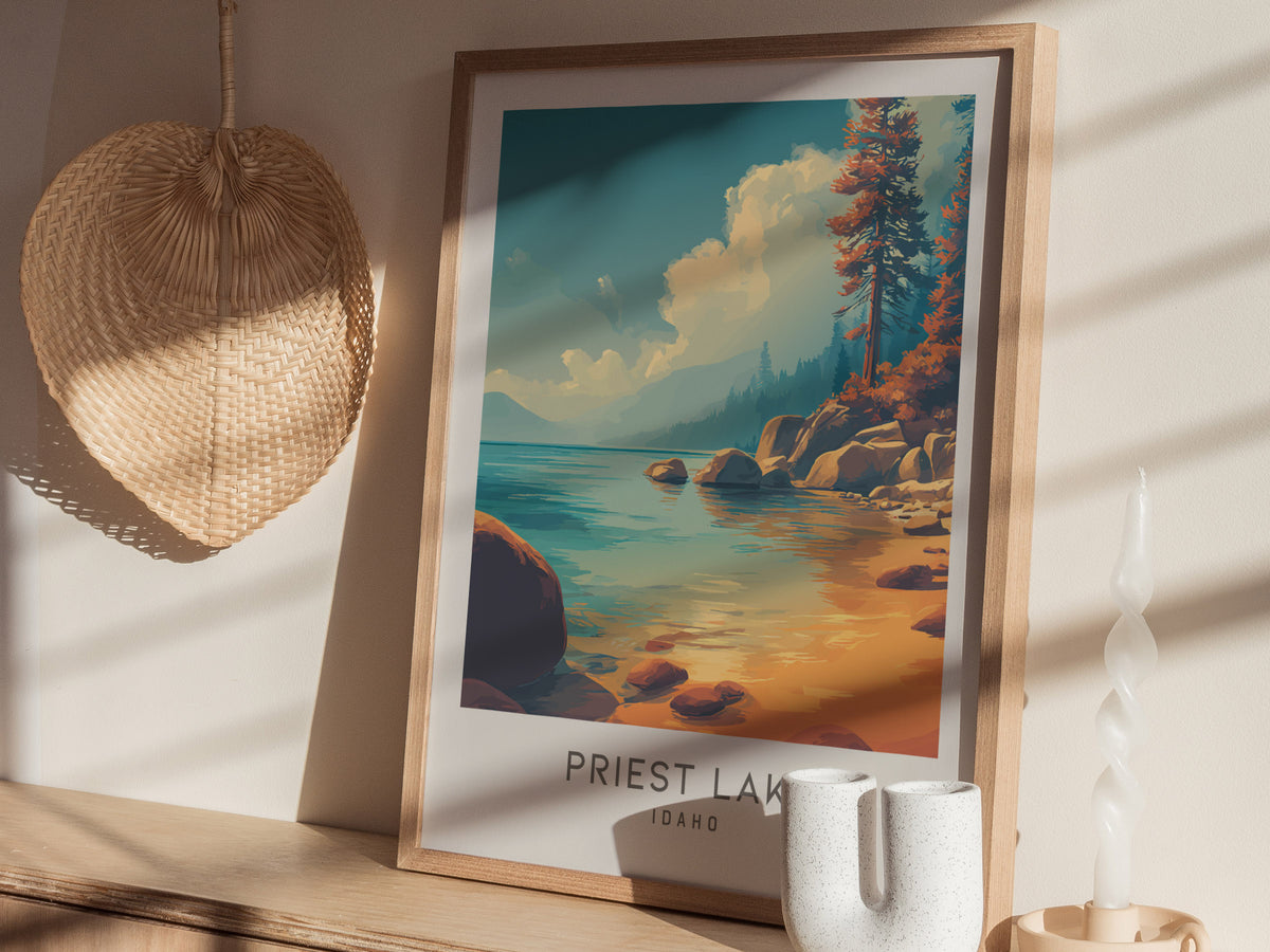 Priest Lake Matte Border Poster | Idaho Destination Print Travel Wall Art — styled in a modern interior