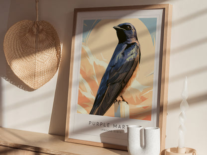 Purple Martin Poster | Graceful Songbird in Golden Light Wall Art — styled in a modern interior