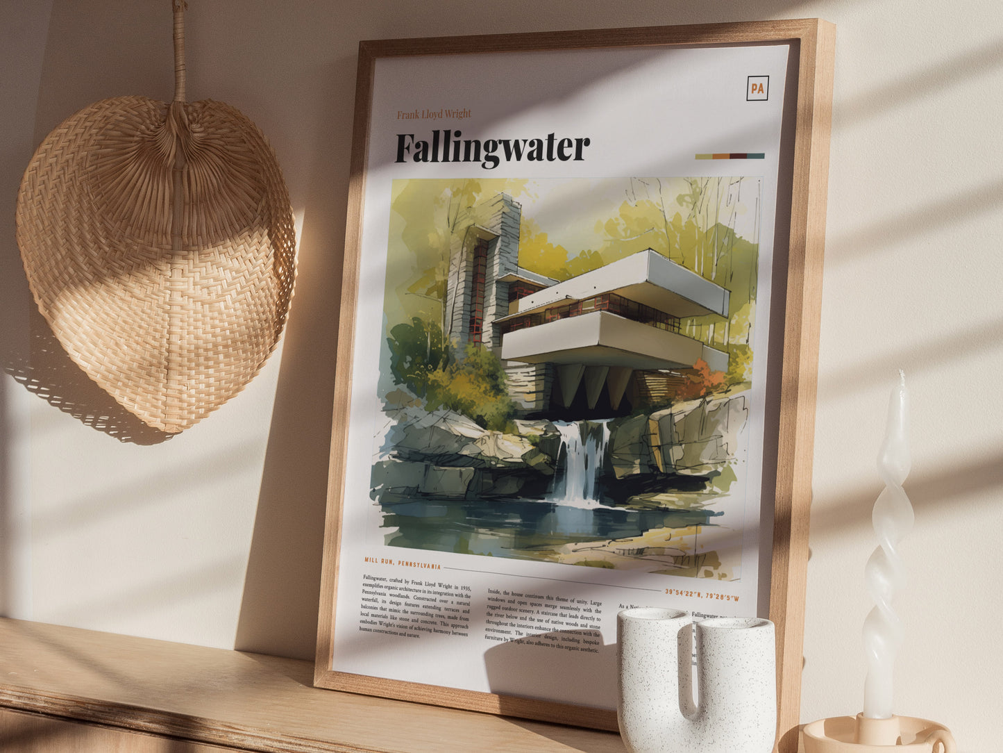 A framed poster of Fallingwater by Frank Lloyd Wright is displayed on a wooden surface, accompanied by a woven wall decoration and a twisted white candle.