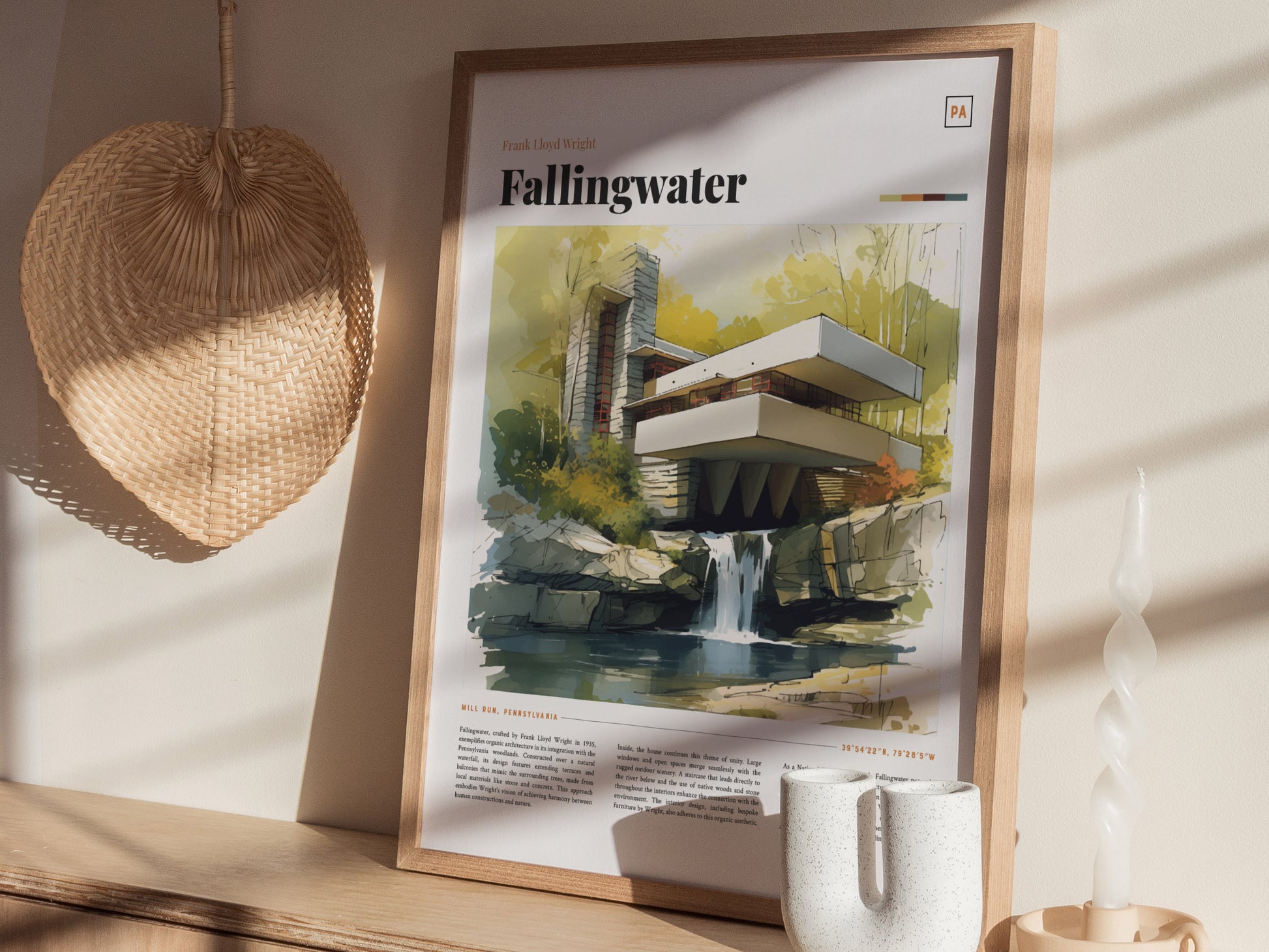 A framed poster of Fallingwater by Frank Lloyd Wright is displayed on a wooden surface, accompanied by a woven wall decoration and a twisted white candle.