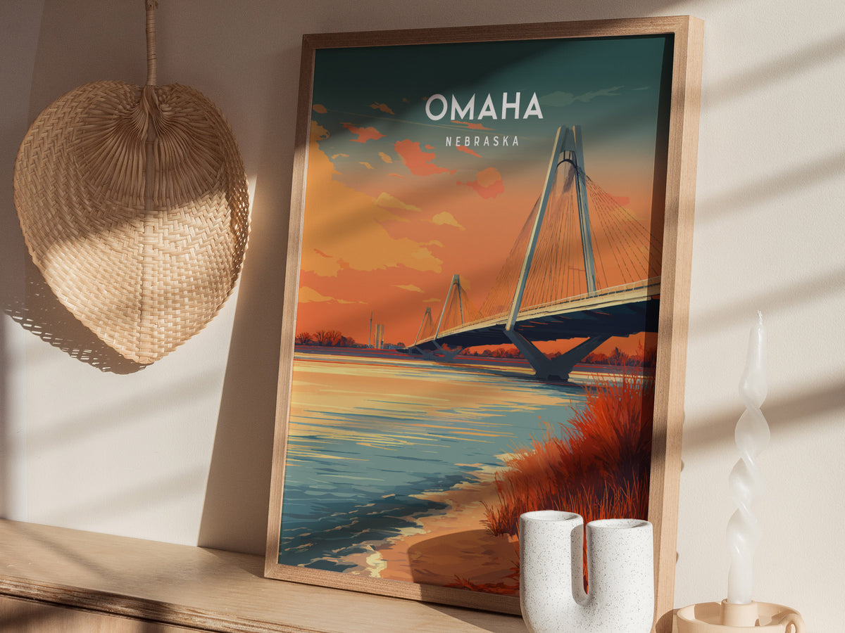 Omaha, Nebraska Poster | Heartland Skyline Destination Print Wall Art — styled in a modern interior