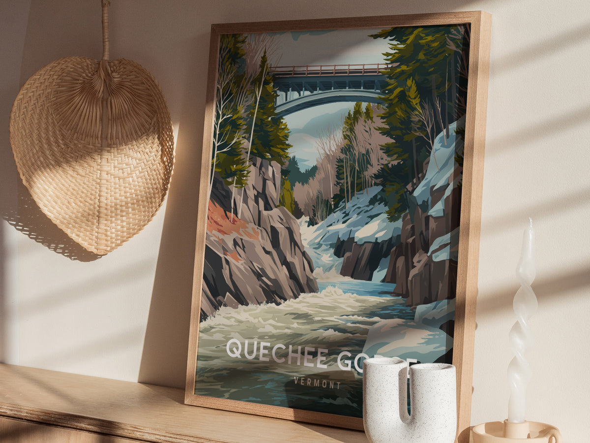 Quechee Gorge, Vermont Poster | Scenic Bridge & River Valley Wall Art — styled in a modern interior