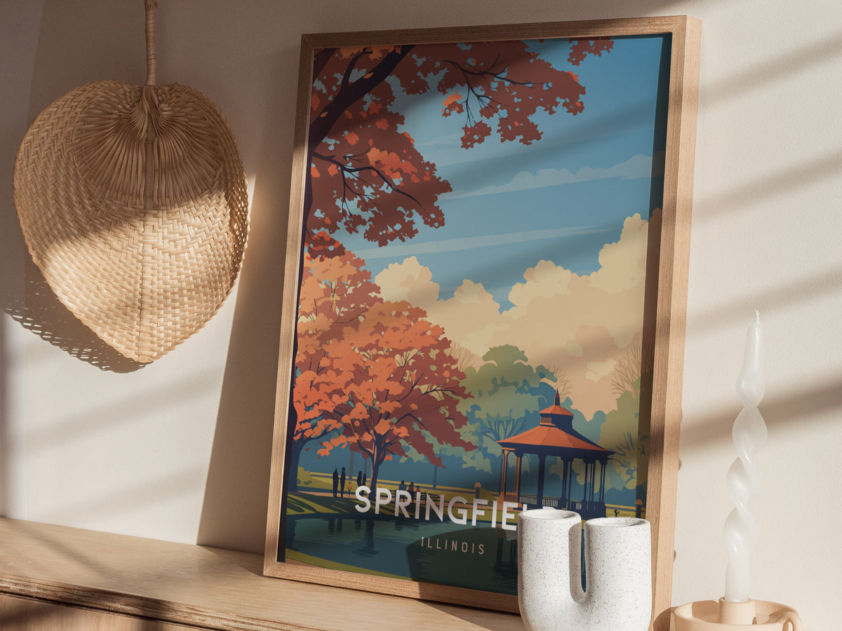 Springfield, Illinois Poster | Capitol Charm & Prairie Skyline Wall Art — styled in a modern interior
