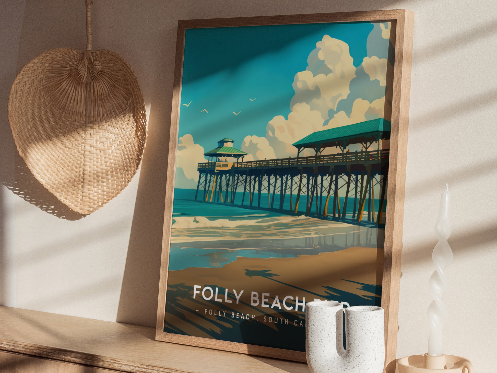 Folly Beach Pier Poster | South Carolina Fishing Wall Art | Framed or Unframed