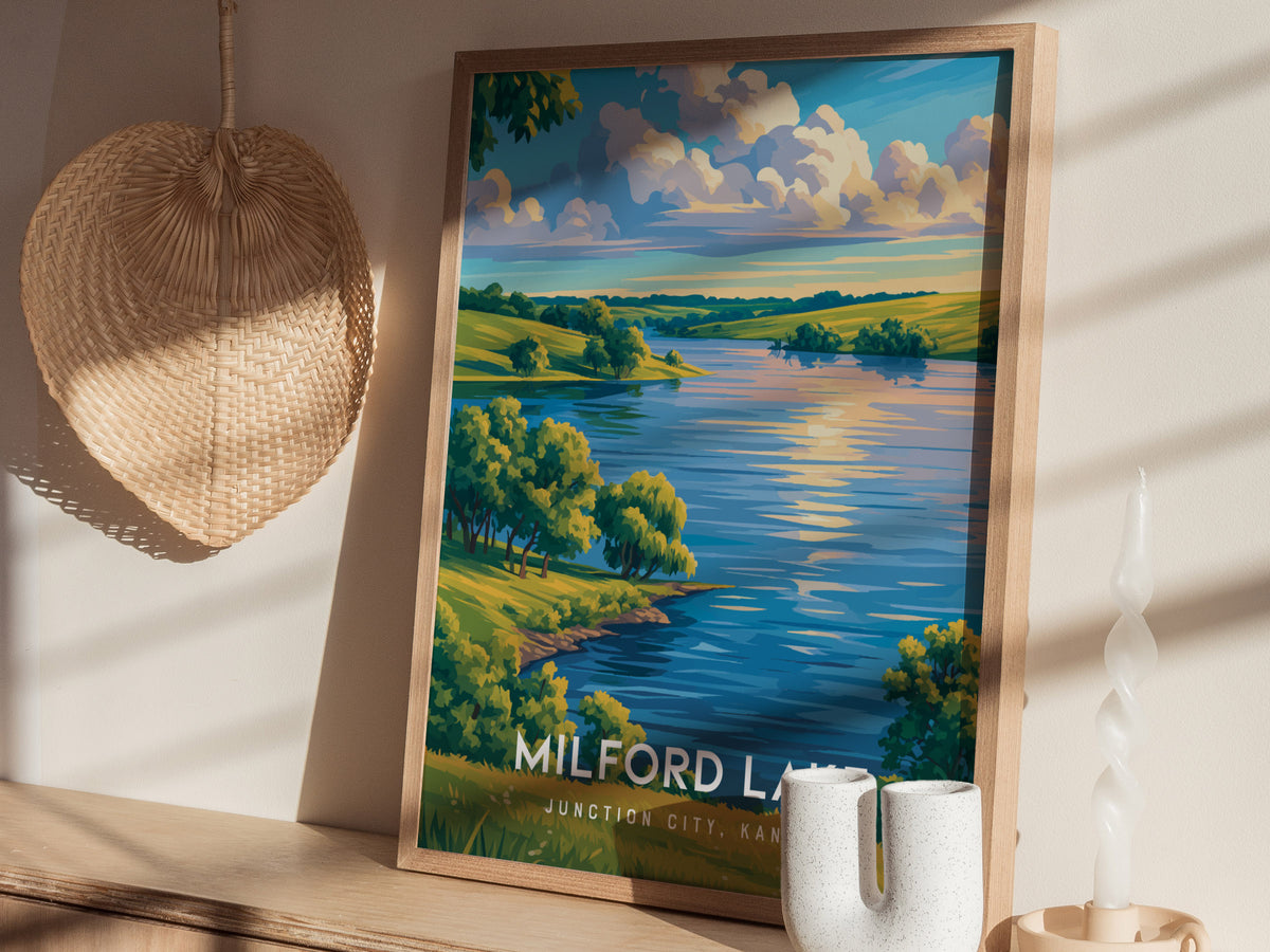 Milford Lake, Junction City, Kansas Poster | Lakeside Serenity Destination Print Wall Art — styled in a modern interior