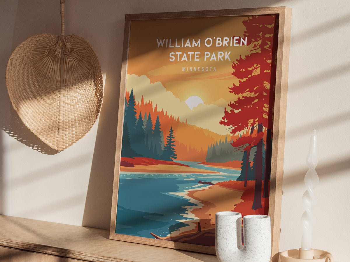 William O'Brien State Park, Minnesota Poster | Riverside Forest Wilderness Destination Print Wall Art — styled in a modern in