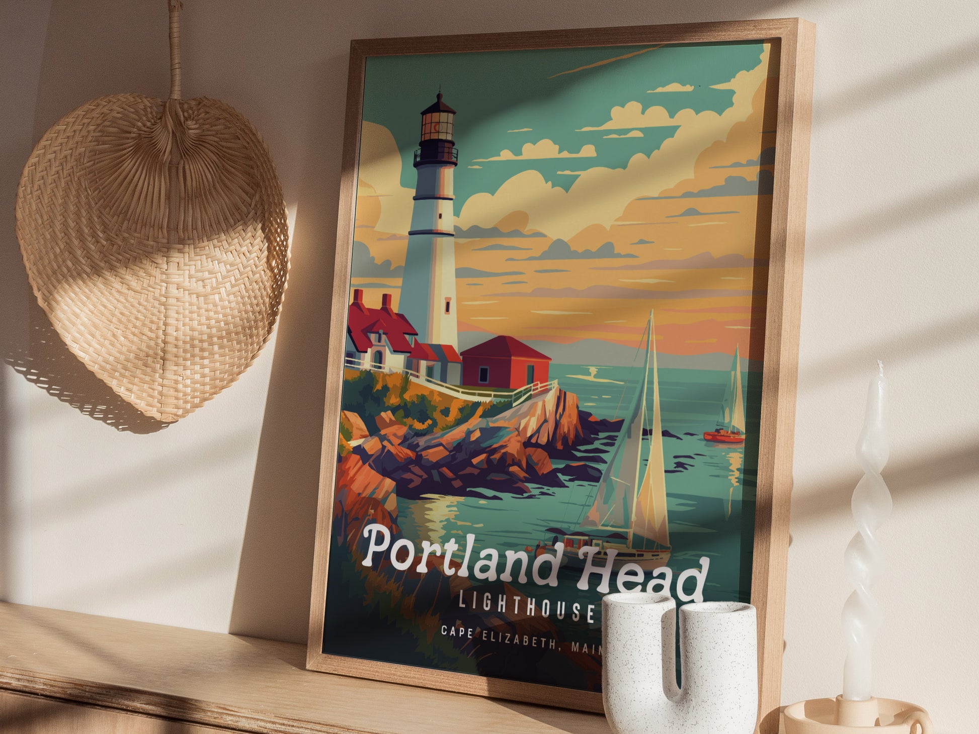 A framed poster of Portland Head Lighthouse features a scenic view of a lighthouse, sailboats, and a sunset over rocky cliffs. Its displayed on a shelf with decorative items.