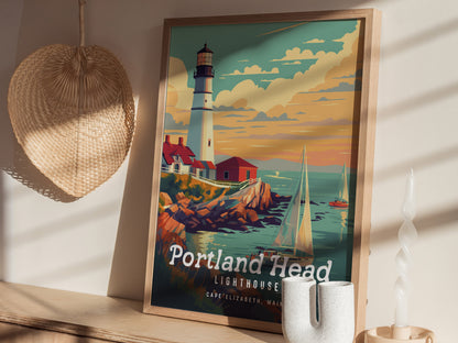 A framed poster of Portland Head Lighthouse features a scenic view of a lighthouse, sailboats, and a sunset over rocky cliffs. Its displayed on a shelf with decorative items.