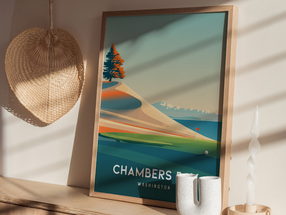 Chambers Bay, Washington Poster | Links Poster & Golfer Gift Wall Art — styled in a modern interior