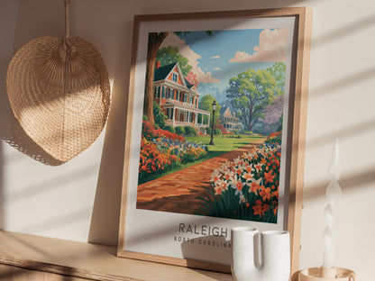 Raleigh Matte Border Poster | North Carolina Oak City Vacation Wall Art — styled in a modern interior