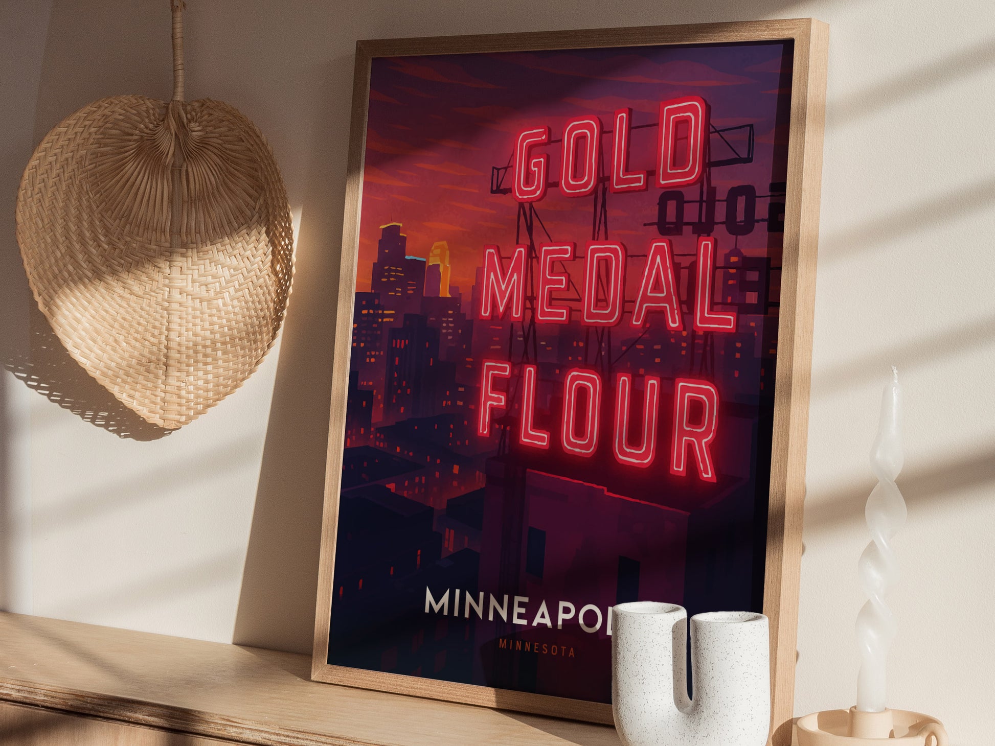 Minneapolis Poster | Gold Medal Flour Sign Night Skyline Art