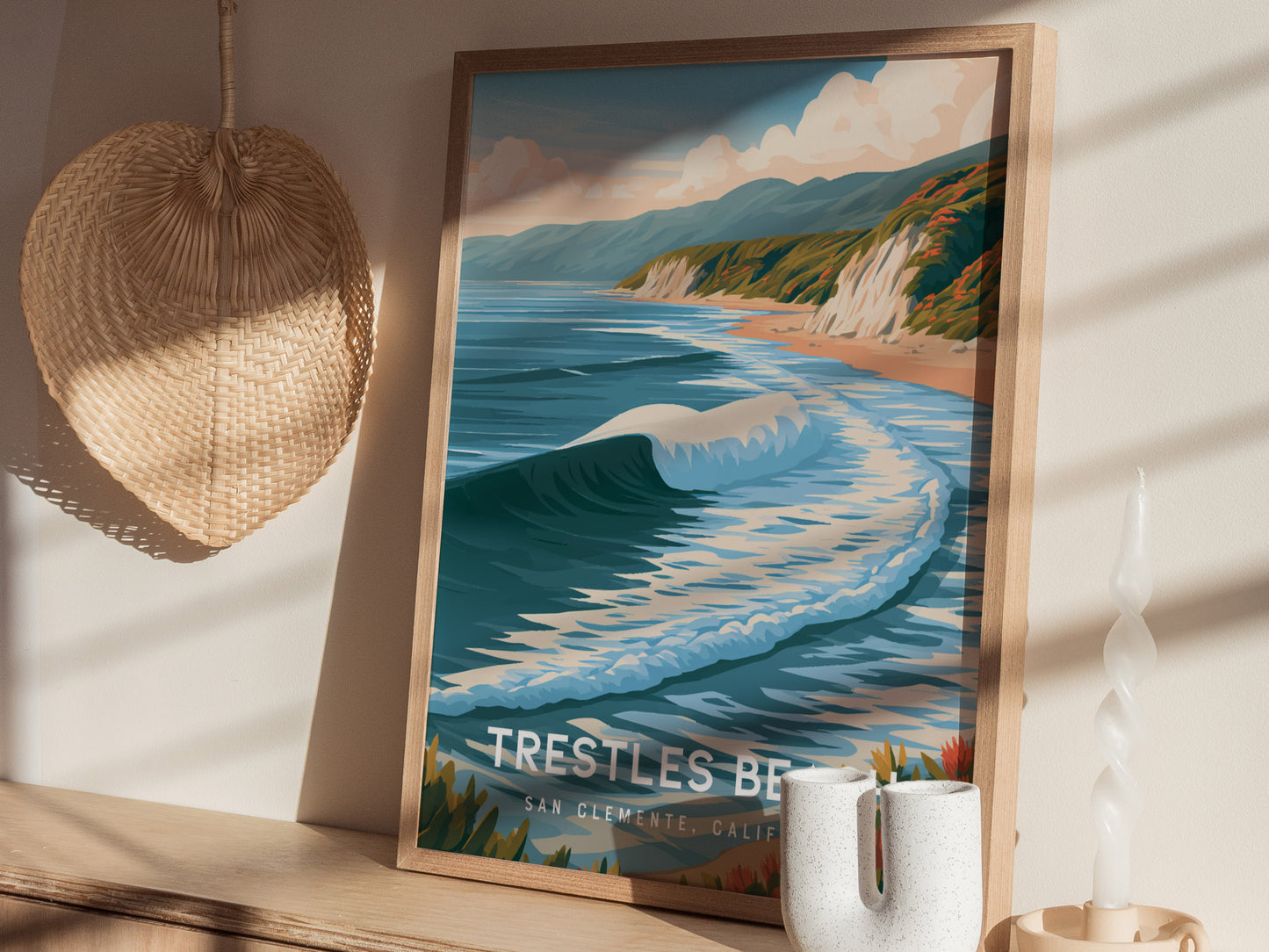 Trestles Beach, California Poster | Golden Hour Surf Break Wall Art — styled in a modern interior