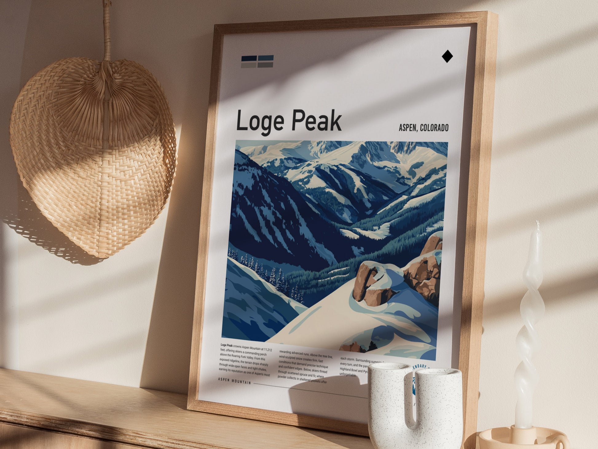 Loge Peak, Aspen, Colorado Poster | Alpine Print Ski Lodge Decor Wall Art — styled in a modern interior