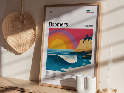 Boomers, California Poster | Golden Surf Break Barrel Wave Wall Art — styled in a modern interior