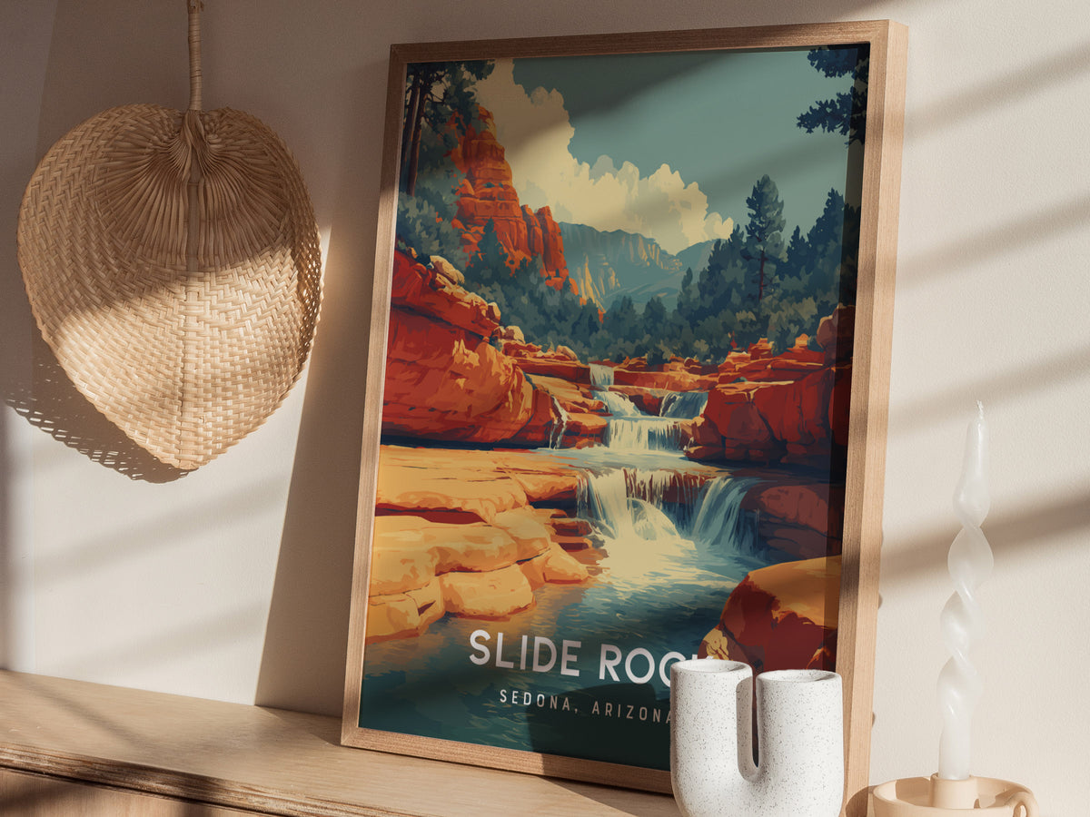 Slide Rock, Sedona, Arizona Poster | Red Rock Swimming Hole Destination Print Wall Art — styled in a modern interior