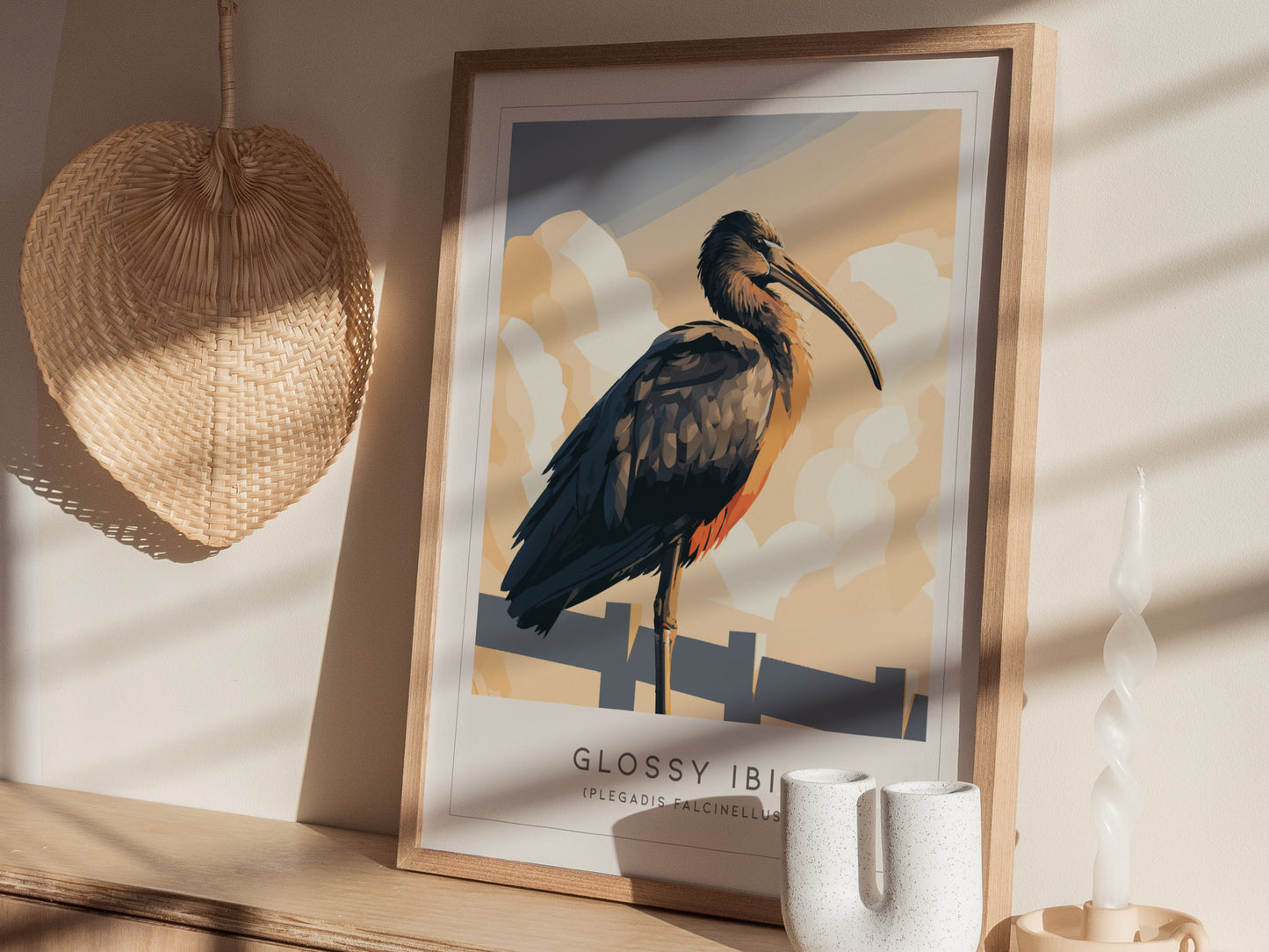 Glossy Ibis Poster | Iridescent Wading Bird Nature Wall Art — styled in a modern interior