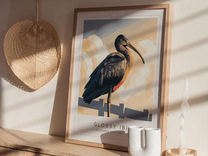 Glossy Ibis Poster | Iridescent Wading Bird Nature Wall Art — styled in a modern interior