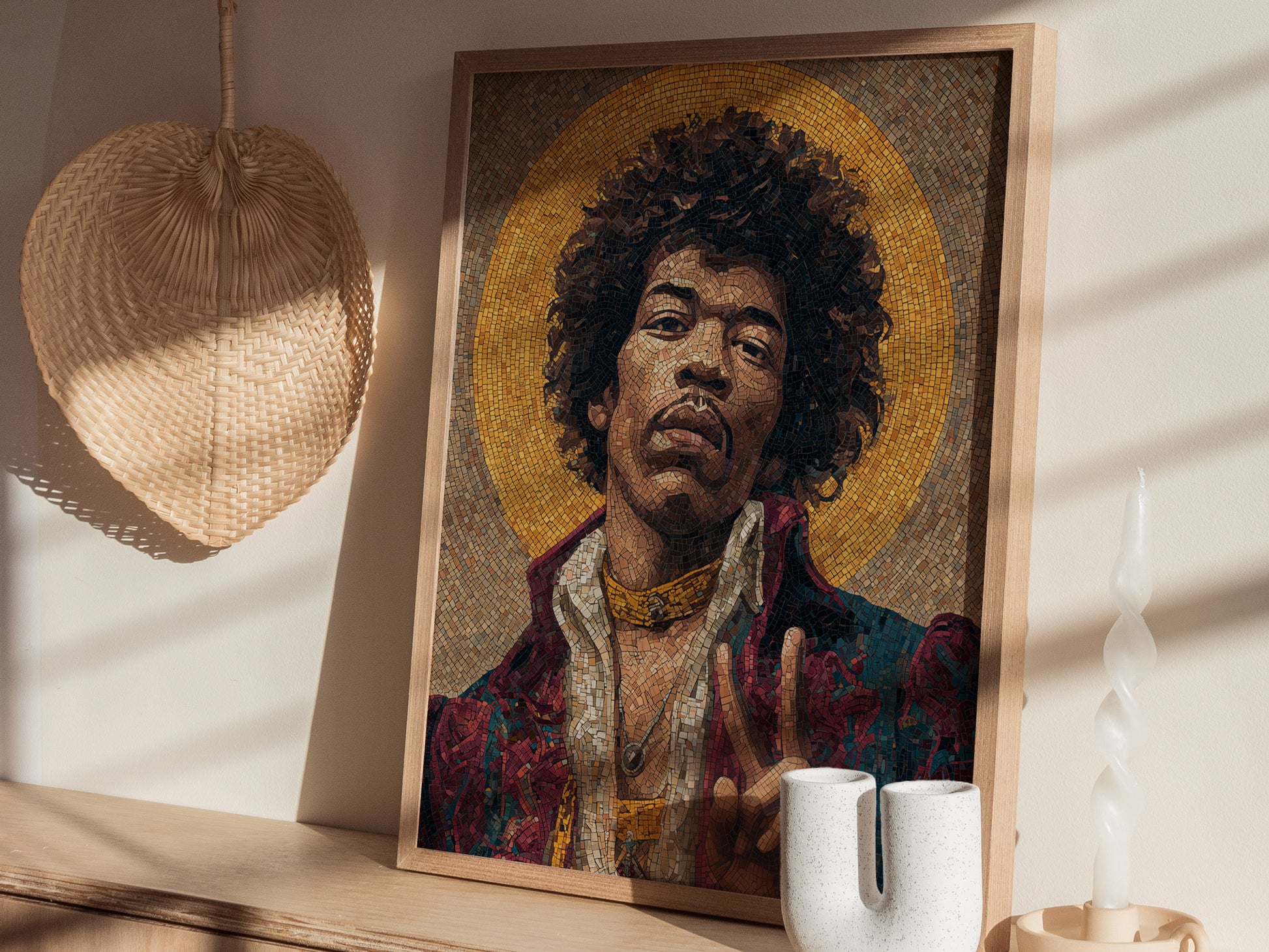 Mosaic portrait of Jimi Hendrix in Byzantine style, featuring warm tones and a golden halo, symbolizing peace and rock iconography.