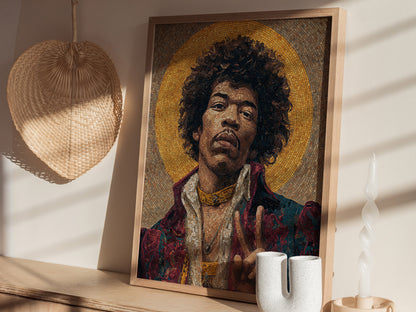 Mosaic portrait of Jimi Hendrix in Byzantine style, featuring warm tones and a golden halo, symbolizing peace and rock iconography.