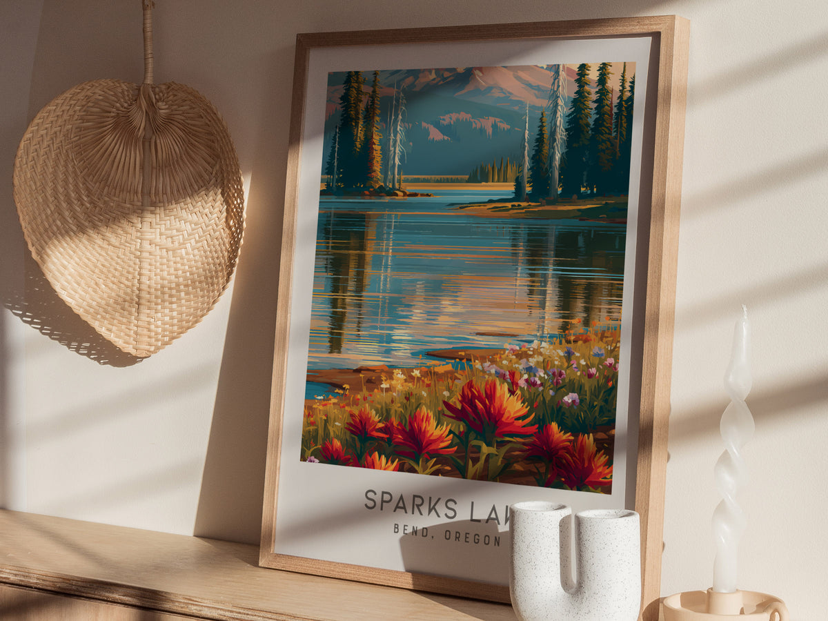 Sparks Lake Matte Border Poster | Bend, Oregon Destination Print Travel Wall Art — styled in a modern interior