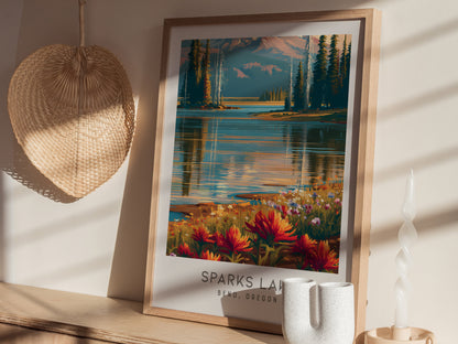 Sparks Lake Matte Border Poster | Bend, Oregon Destination Print Travel Wall Art — styled in a modern interior