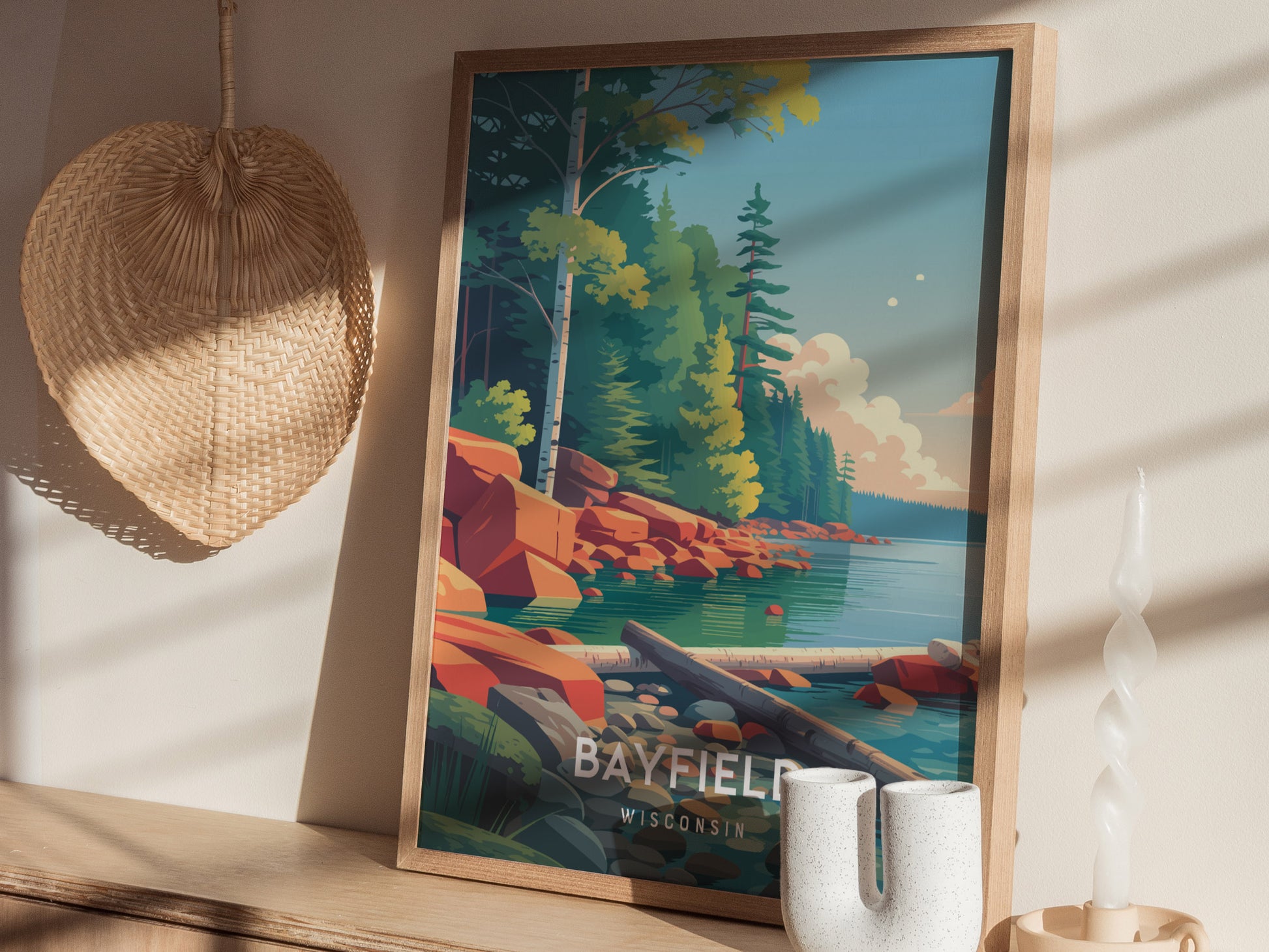 Bayfield, Wisconsin Poster | Lakeside Harbor & Sailboat Travel Wall Art — styled in a modern interior