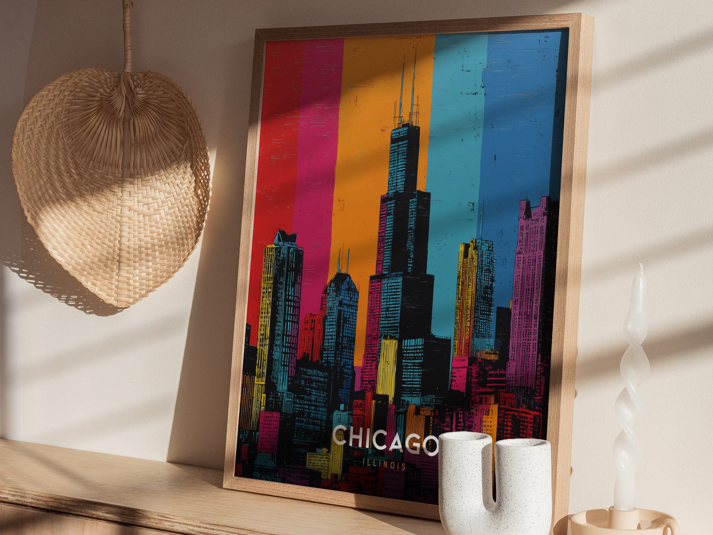 Chicago Skyline Pop Art Poster | Warhol Style Illinois Travel Print | Framed or Unframed