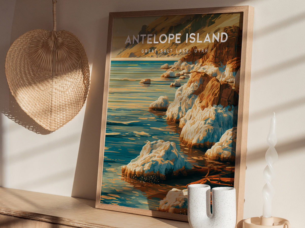 Antelope Island Poster | Great Salt Lake, Utah Framed or Unframed Travel Gift Wall Art — styled in a modern interior