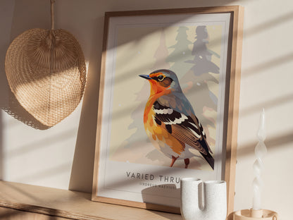 Varied Thrush, Ixoreus naevius Poster | Bold Forest Songbird Nature Poster Wall Art — styled in a modern interior