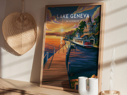 Lake Geneva, Wisconsin Poster | Lakeside Charm Destination Print Wall Art — styled in a modern interior
