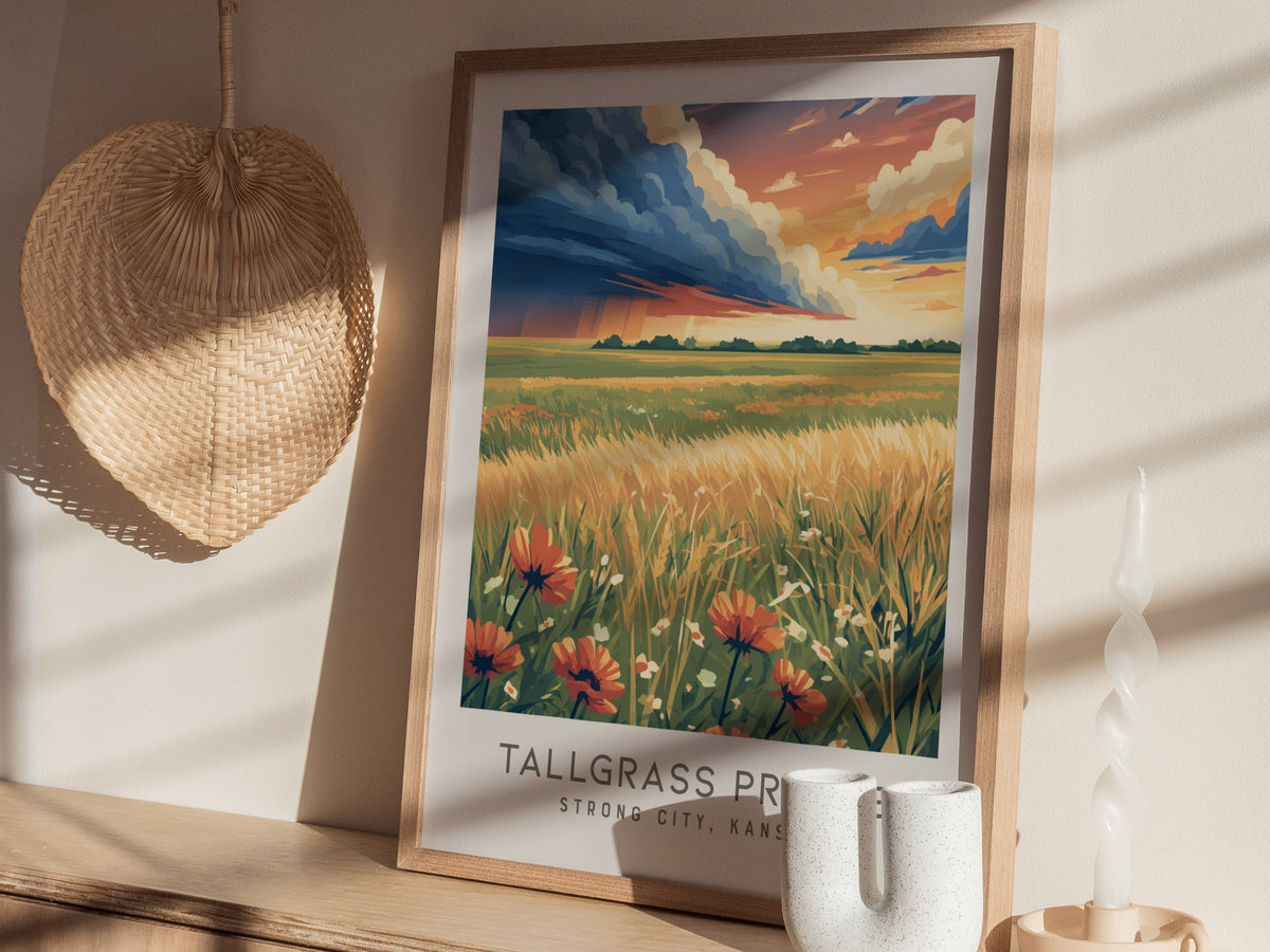 Tallgrass Prairie Matte Border Poster | Strong City, Kansas Destination Print — styled in a modern interior