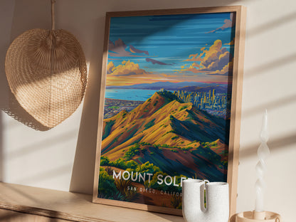 Mount Soledad, California Poster | Cross & Coastline Panoramic View Wall Art — styled in a modern interior