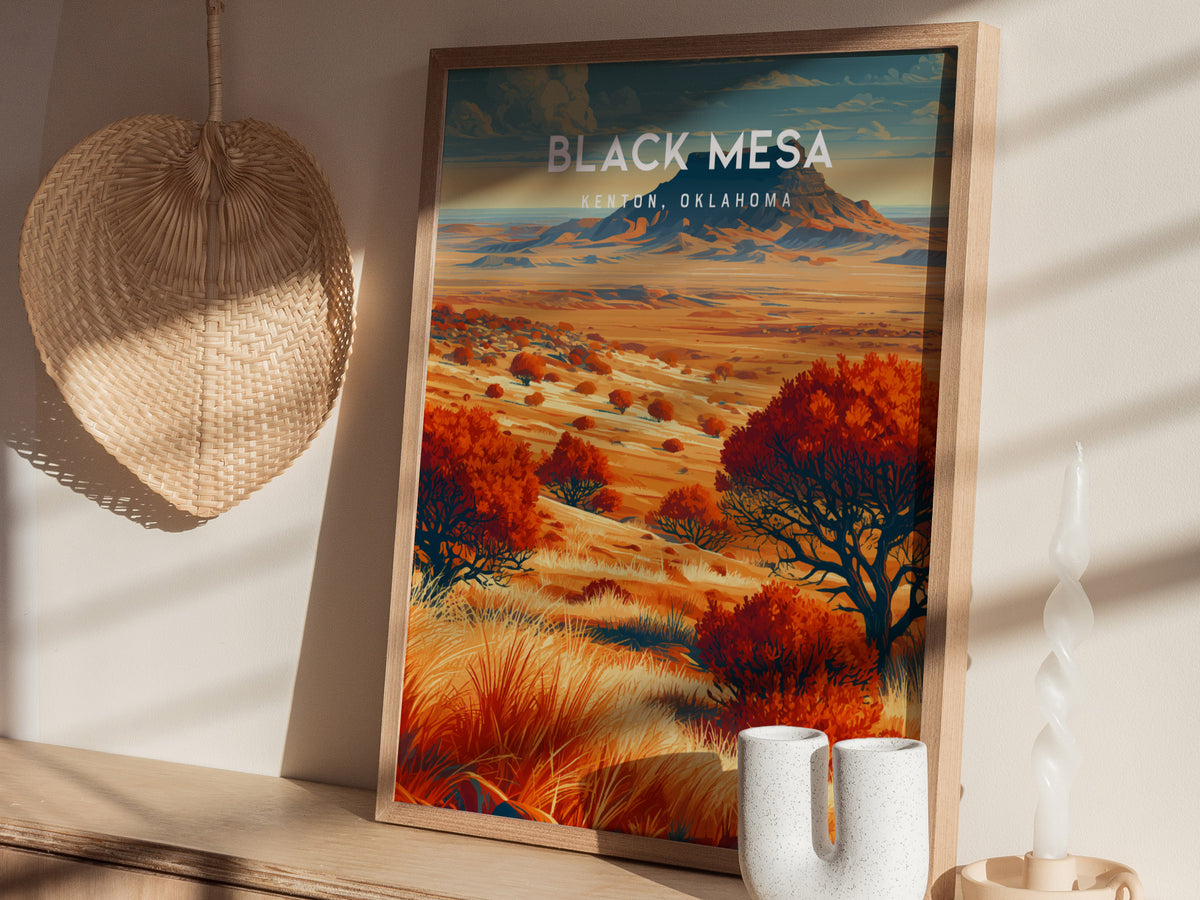 Black Mesa, Kenton, Oklahoma Poster | Western Prairie Adventure Wall Art — styled in a modern interior