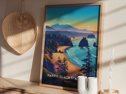 A framed poster of Harris Beach, Oregon, featuring vibrant coastal scenery with cliffs, sea stacks, and a winding shoreline, is displayed on a wooden shelf with decorative items.