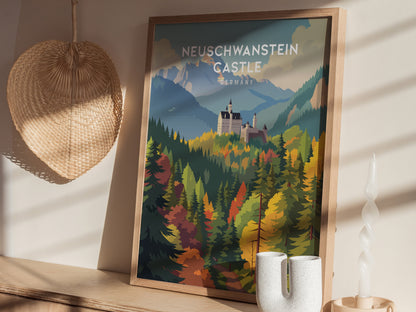 Neuschwanstein Castle, Germany Poster | Fairytale Alpine Fortress Framed or Unframed Wall Art — styled in a modern interior