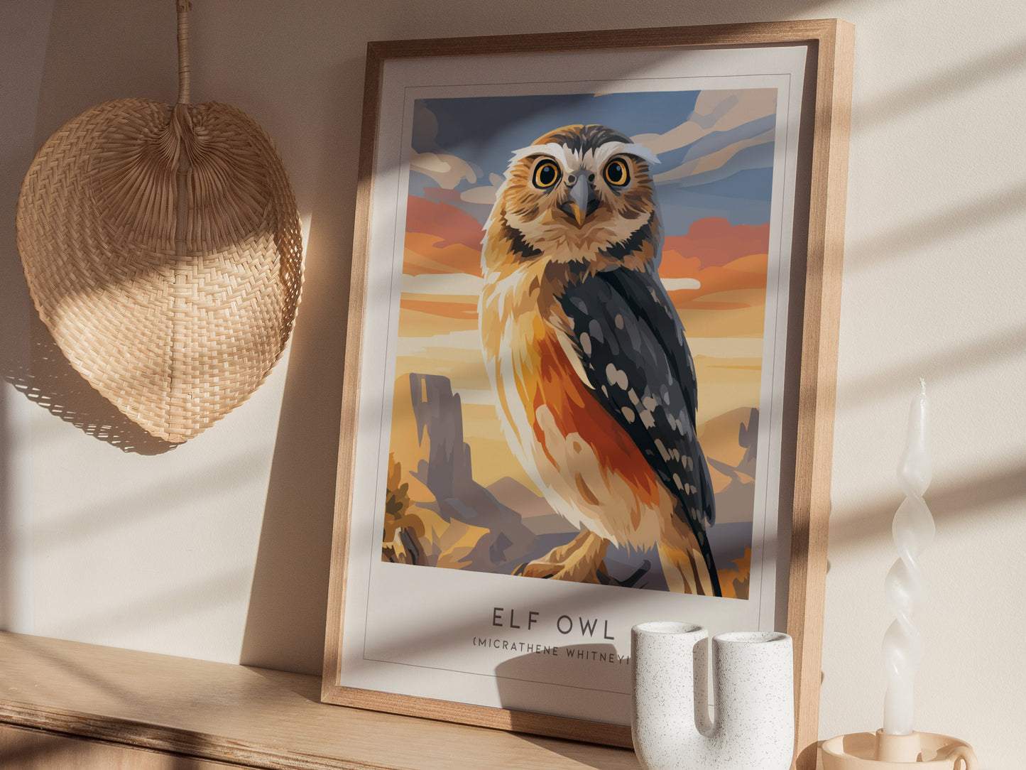 Elf Owl Poster | Desert Night Tiny Owl Wall Art — styled in a modern interior