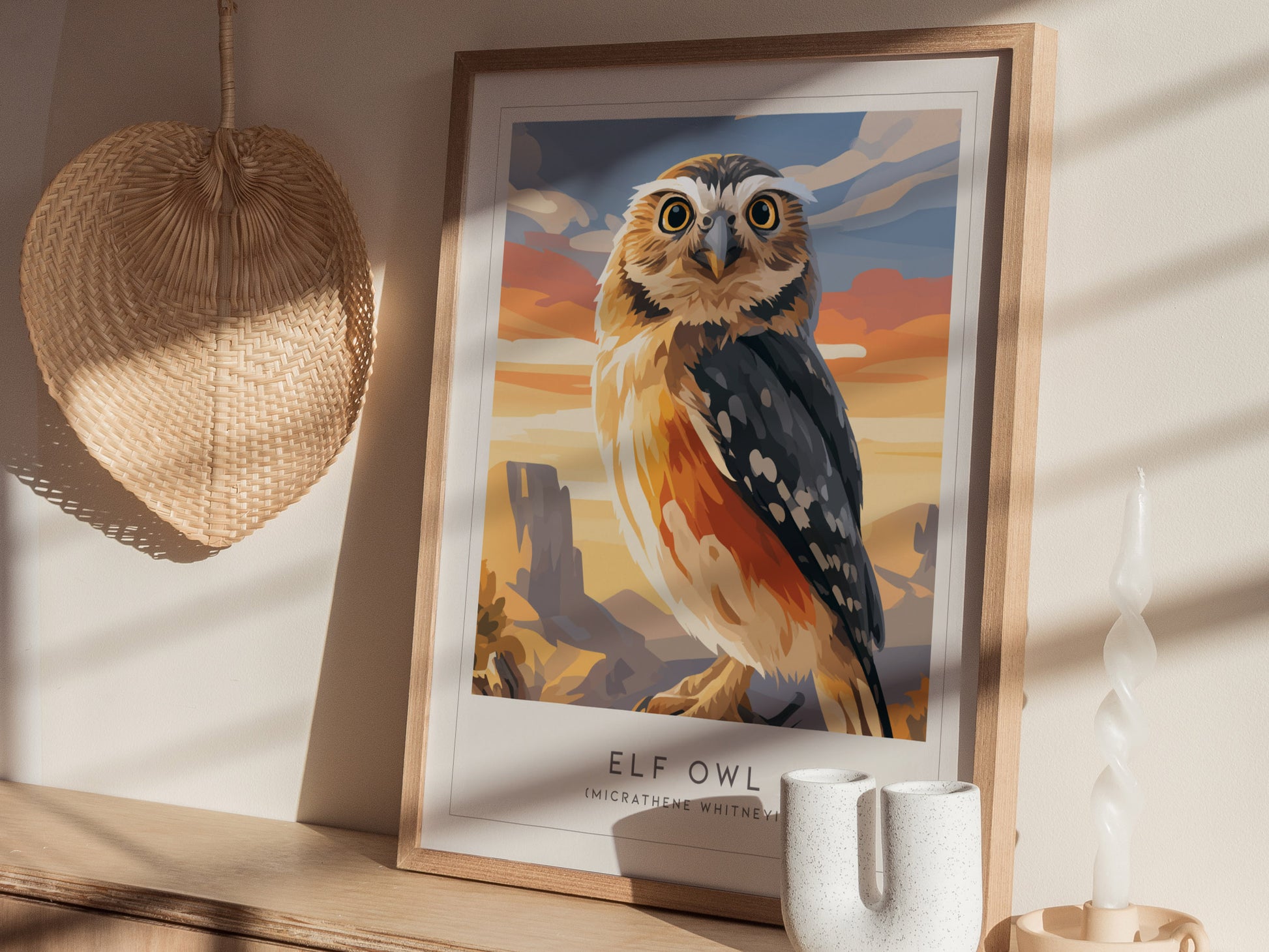 Elf Owl Poster | Desert Night Tiny Owl Wall Art — styled in a modern interior