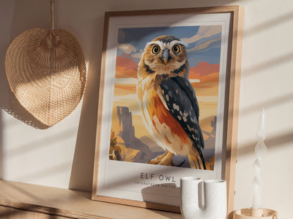 Elf Owl Poster | Desert Night Tiny Owl Wall Art — styled in a modern interior