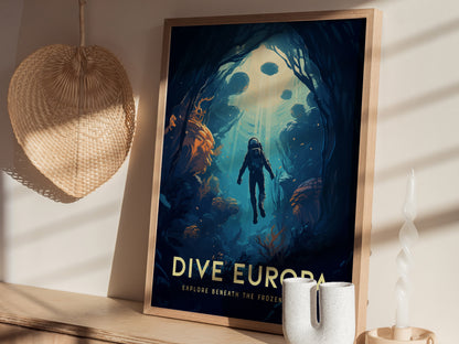 Dive Europa Poster | Jupiter Moon Space Exploration Wall Art | Framed or Unframed