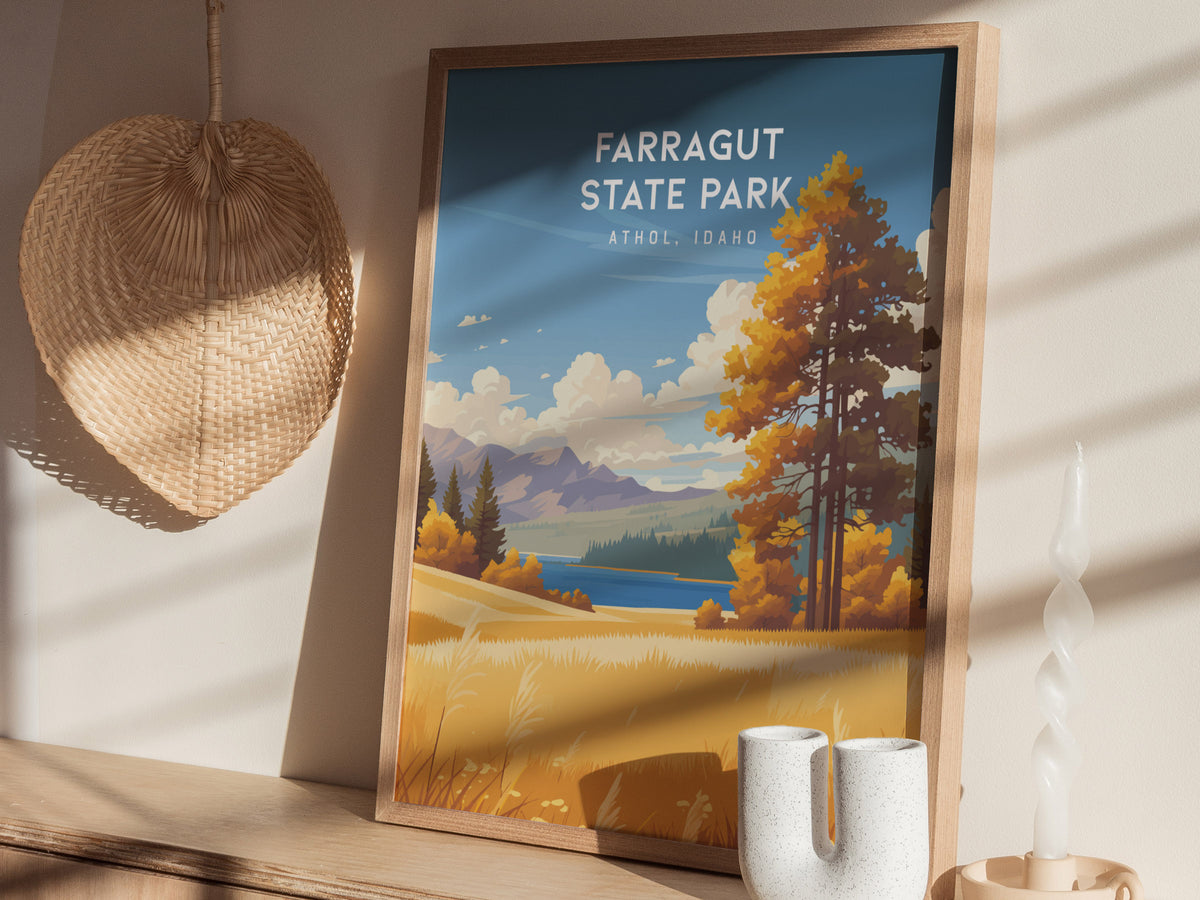 Farragut State Park, Athol, Idaho Poster | Lakeside Mountain Wilderness Destination Print Wall Art — styled in a modern inter