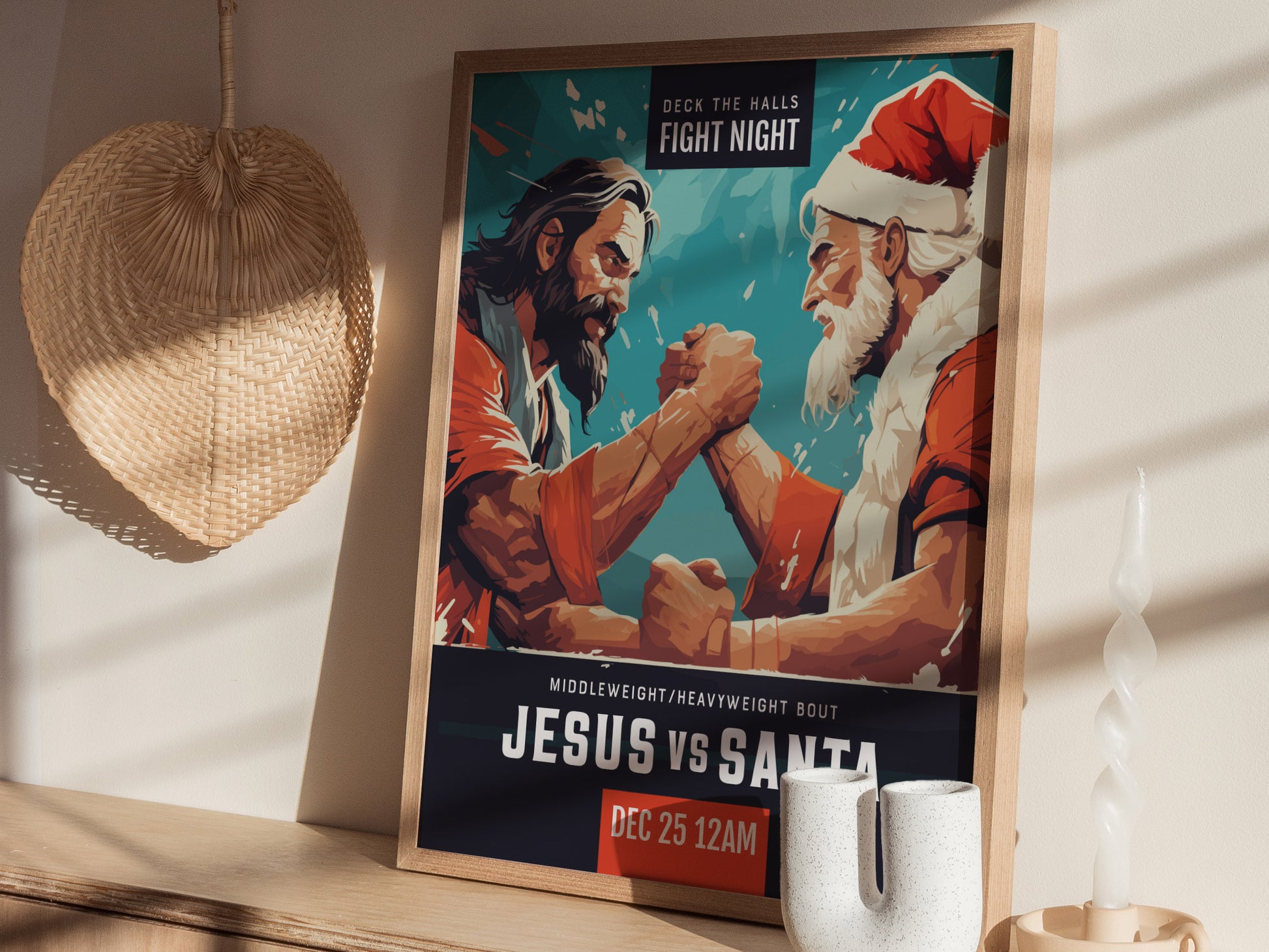 A framed poster titled Jesus vs Santa depicts a humorous arm-wrestling match between Jesus and Santa Claus. Its displayed on a wooden shelf with a wicker fan and decorative items.