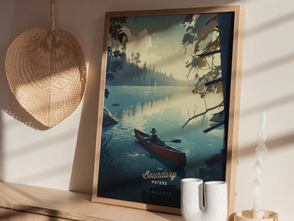 A framed poster depicting a serene lake scene with a person canoeing under a twilight sky, placed on a wooden shelf beside a woven basket and ceramic vase.
