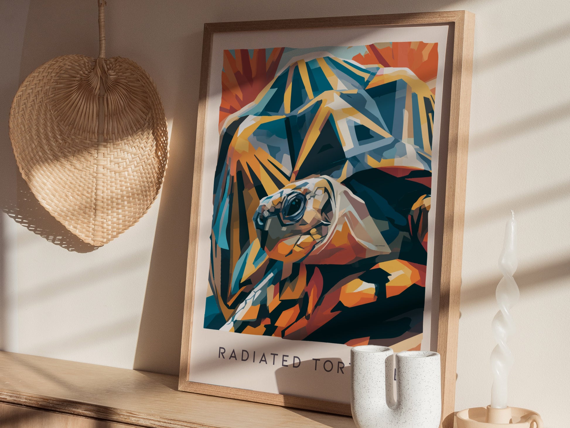 Radiated Tortoise Poster | Exotic Wildlife Portrait Fine Wall Art — styled in a modern interior