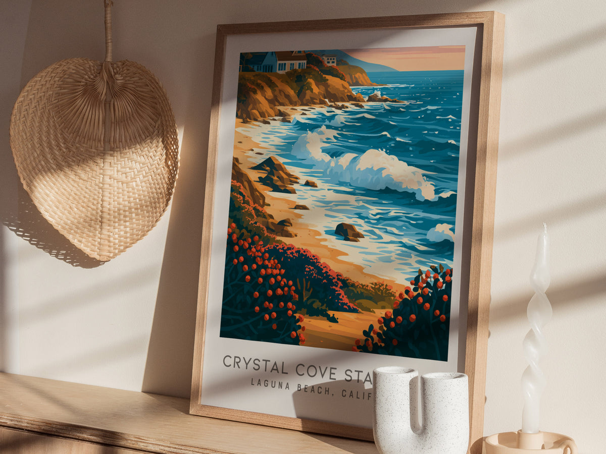 Crystal Cove State Park Matte Border Poster | Laguna Beach, California Travel Wall Art — styled in a modern interior