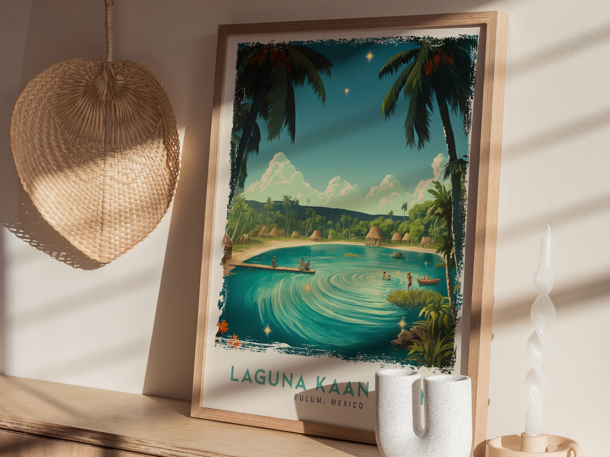 Framed poster of Laguna Kaan Luum featuring a vibrant lagoon with swirling turquoise waters, surrounded by lush greenery and palm trees.